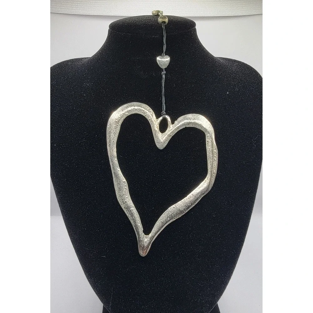 Oversized Hammered Open Heart Pendant Long Black Cord Necklace Silver Tone 17